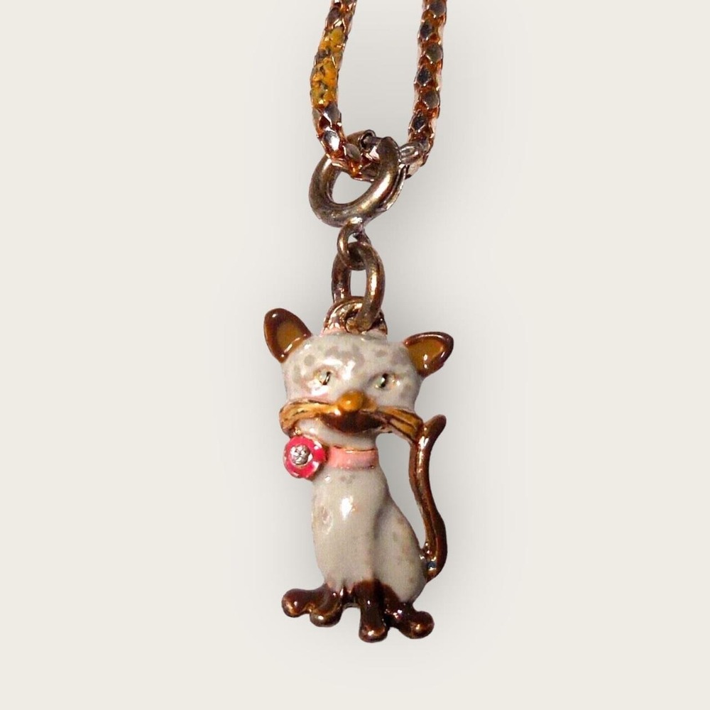 Vintage Enamel Cat Pendant Necklace Gold‎ Tone Kitten Kawaii Animal Jewelry